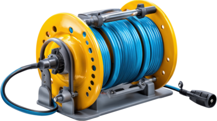 Cable Reel: A close-up studio shot, a striking cable reel with an intense yellow hue and a bright blue cable on a metallic stand
