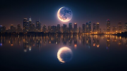 Majestic moonlit cityscape reflecting on calm water
