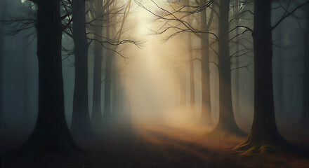 Obraz premium Dramatic fog rolling through a dense forest, casting ethereal soft shadows on ancient trunks. Lighting is early morning, creating stark contrasts between light and dark. Composition uses the rule of t