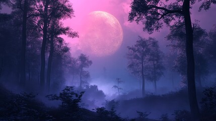Enchanted misty forest bathed in purple and pink hues under a glowing full moon at night