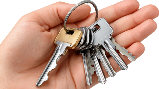 Key Handful: A hand confidently holds a bunch of metallic keys, each intricately designed with individual keyhole patterns.