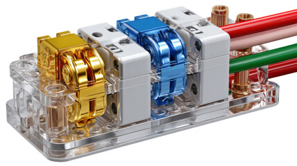 Electrical Connector close up: A detailed, studio shot presents a high-angle view of a new, unused electrical connector with distinct color-coded components. 