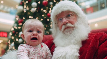 Funny Santa Claus in classic photo with crying baby on his lap. Ideal for holiday cards, parenting blogs, Christmas humor posts, seasonal promotions, and content about family traditions.