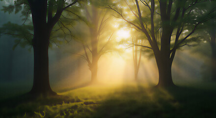 Misty morning fog envelops a dense forest, with dappled sunlight filtering through ancient trees creating a mystical atmosphere. Golden hour lighting casts long shadows and highlights dew-covered leav