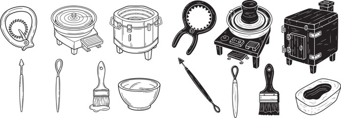 Vector art of collection of pottery making tools and equipment including wheels, brushes, and kiln isolated on white background