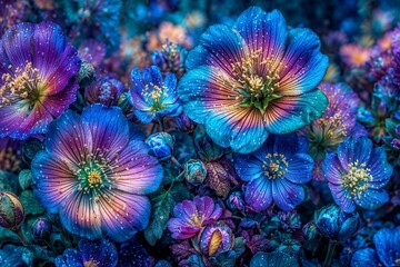 An abstract, colorful floral background with beautiful pink, purple, and yellow blossoms blooming in a bright summer garden