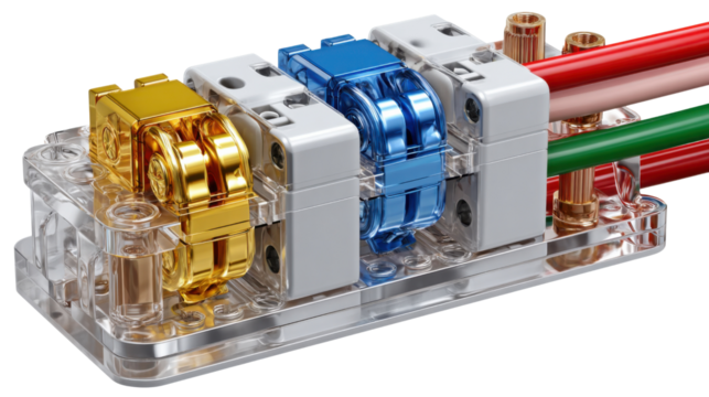 Electrical Connector close up: A detailed, studio shot presents a high-angle view of a new, unused electrical connector with distinct color-coded components. 