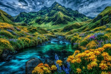 Mountain river flowing through a scenic summer landscape with a serene lake reflecting green trees and a cloud-filled sky