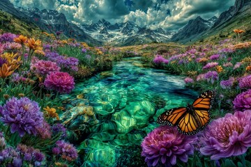A monarch butterfly with vibrant orange wings is feeding on a purple flower in a summer mountain landscape