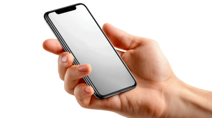 Hand Holding Mobile Device: A modern mobile phone is delicately cradled in a hand, presenting the sleek, minimalist design of technology with a focus on user interaction and digital communication.