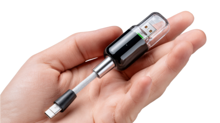Tech Connection: A sleek USB adapter, showcased in a careful hand, highlighting digital connectivity and data transfer potential in crisp detail.