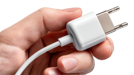 Hand Holding Plug: A close-up shot captures a human hand firmly gripping a white plug with a cord, highlighting the connection and power.