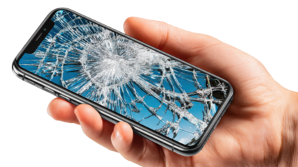 Shattered Screen: A human hand cradles a smartphone with a shattered screen, a stark reminder of the fragility of technology, this image evokes a feeling of loss, frustration, and damage. 