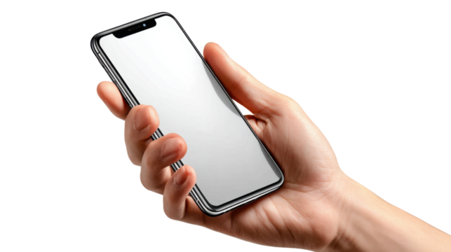 Smart Device in Hand: An elegant smartphone is held by a human hand in a minimalistic, isolated image, highlighting the device's design and its connection to modern lifestyle.