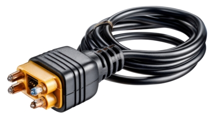 Electrical Connector Close-up: A high-angle shot of an electric power cable connector, its sleek design highlighting modern technological interfaces. Emphasizing its pivotal role in energy transfer