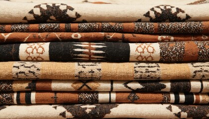 Authentic Mali mud cloth textiles display traditional African heritage in earthy brown, black, white tones. Featuring unique symbols, motifs, fabrics showcase intricate craftsmanship, ancestral