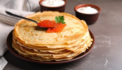 Stack of pancakes topped with red caviar, sour cream in background