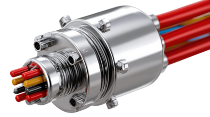 Technological Junction: A meticulously crafted, metallic electrical connector with vibrant colored wires. A precise illustration of modern connectivity and innovation.