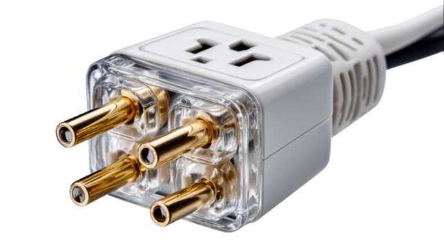 Power Connector: A close-up shot showcases the intricate design of an electrical power connector, featuring gleaming gold pins and a transparent housing, embodying technological advancement.