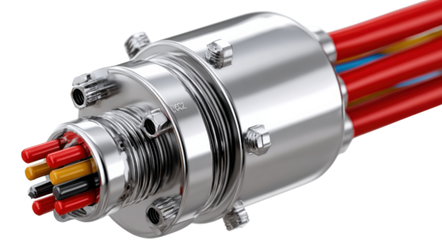 Technological Junction: A meticulously crafted, metallic electrical connector with vibrant colored wires. A precise illustration of modern connectivity and innovation.