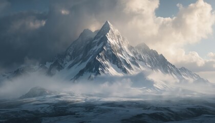 Majestic mountain range with snow-covered peaks piercing dramatic cloudy sky. Misty fog blankets rugged terrain below, creating sense of immense scale, cold wilderness. Sunlight breaks through,