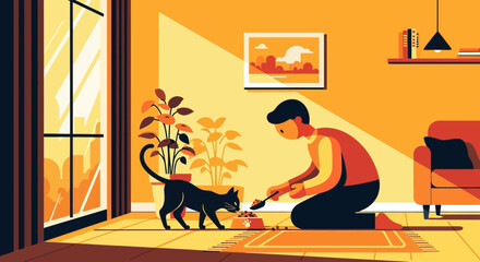 Affectionate Bonding Moment Man Feeding Cat At Home Illustrated Scene