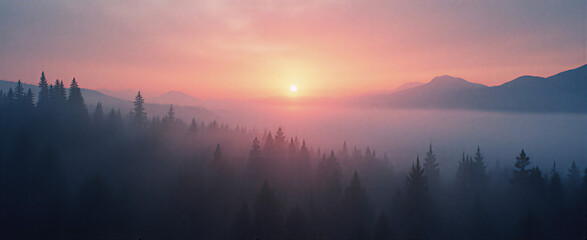 Blurry mist enveloping a forest landscape with distant mountains fading into a sunset sky, dramatic orange and pink hues blending into a deep twilight blue. Shot with wide angle lens at f/16 for maxim
