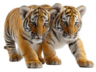 Fototapeta premium Tiger Cubs Duo: Captivating duo of adorable tiger cubs showcasing their striking orange and black striped coats, embodying the wild essence and innocent charm of the jungle. 