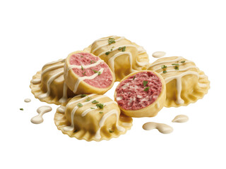 Delicious italian ravioli filled with meat and herbs isolated on transparent background