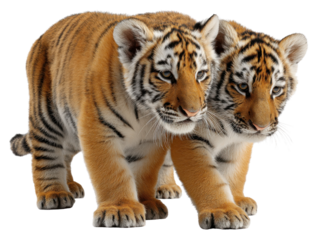 Sibling Tigers Stroll: Two adorable tiger cubs with their distinctive orange and black stripes stroll playfully, capturing the tender moments of wildlife.