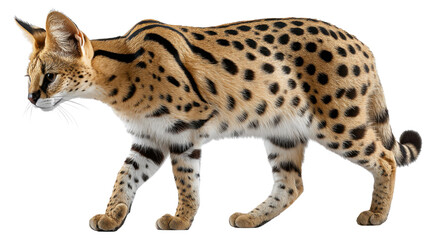 Serval Cat in Stride: Capturing the grace and elegance of the serval, showcasing its distinctive spotted coat and alert posture, as it moves with purpose and intent.