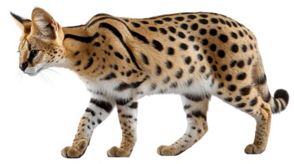 Serval Cat in Stride: Capturing the grace and elegance of the serval, showcasing its distinctive spotted coat and alert posture, as it moves with purpose and intent.
