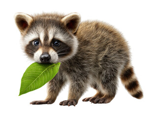 Raccoon holding leaf: A captivating portrait of a cute raccoon, holding a fresh, vibrant green leaf. This endearing image showcases the gentle side of nature's playful characters.