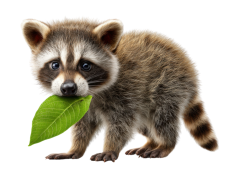 Raccoon holding leaf: A captivating portrait of a cute raccoon, holding a fresh, vibrant green leaf. This endearing image showcases the gentle side of nature's playful characters.