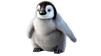 Charming Penguin Chick in Winter: A fluffy penguin chick, with soft, grey feathers and a look of wide-eyed wonder, stands alone. This picture highlights the cuteness of a penguin chick.