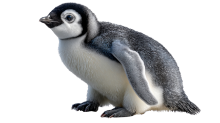 Adorable Penguin Cub in Focus: A charming young penguin cub, with soft downy feathers and innocent eyes, stands in a pose. Its playful demeanor captures the spirit of the Antarctic wilderness.
