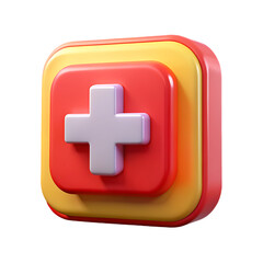 Obraz premium 3D rendered square icon with red and yellow layers and a white plus symbol graphic design