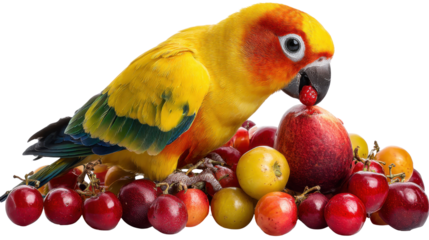 A Colorful Parrot with Fruits: A vibrant, yellow and orange parrot perched amidst a delightful pile of fresh, juicy fruits, a visual feast. 