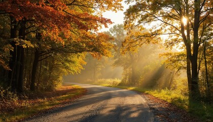 Obraz premium Autumn road journey with trees transitioning colors from green to warm hues. Golden sunlight streams through branches creating dappled shadows on path. Serene scene perfect for travel, nature,