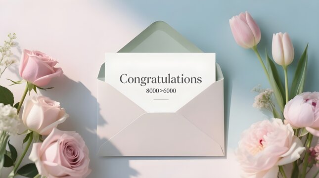 Congratulations card in envelope with floral arrangement and soft shadows