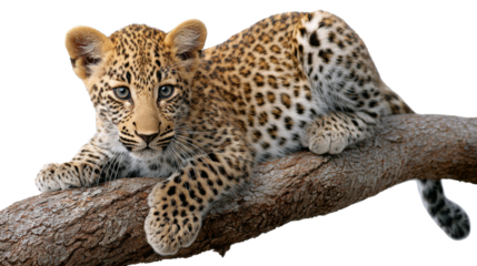 Playful Leopard Cub on Branch: A captivating image showcases a young leopard cub gracefully resting on a sturdy tree branch, exuding charm and a hint of wildness.