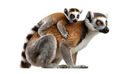 Lemurs in Embrace: Witness the tender bond between mother and offspring as a ring-tailed lemur affectionately carries its young on its back.