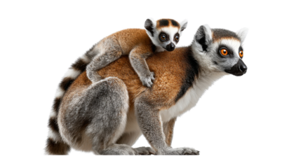 Lemurs in Embrace: Witness the tender bond between mother and offspring as a ring-tailed lemur affectionately carries its young on its back.