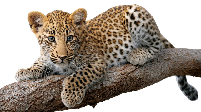 Playful Leopard Cub on Branch: A captivating image showcases a young leopard cub gracefully resting on a sturdy tree branch, exuding charm and a hint of wildness.