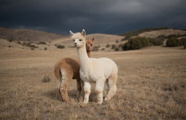 Fototapeta premium Two young alpacas, one white and one brown, stand together in dry grassy field under dramatic cloudy sky. Fluffy mammals graze in wide open pasture, their soft wool contrasting with muted landscape.