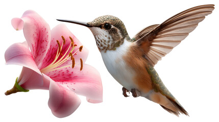 Fototapeta premium Hummingbird with Lily: A hummingbird hovers near a delicate pink lily flower, poised to sip nectar, its wings a blur of motion, showcasing nature's elegant dance.