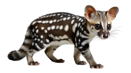 Striking Genet: A captivating close-up of a Genet, showcasing its distinctive spotted coat, captivating eyes, and graceful form, capturing a moment of elegance.