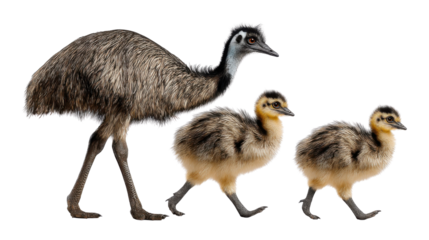Emu Family Walk: An emu and its chicks take a delightful stroll, showcasing the bond of family and the natural beauty of the avian world.
