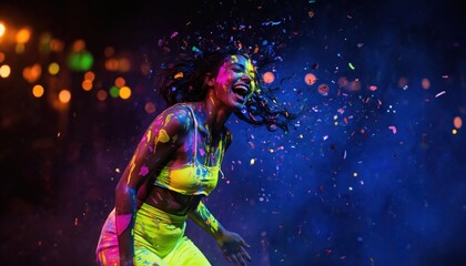 Young woman dances with fluorescent body paint mid-spin, laughing joyfully at festival. Colorful confetti flies around. Neon paint splatters on skin, creating vibrant, energetic atmosphere under