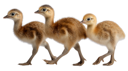 Little Ostrich Chicks Strolling: A charming portrait of three adorable ostrich chicks walking together, capturing their curious expressions and playful demeanor.